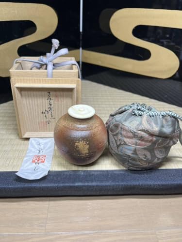 天満屋 個展作 45 岡山県重要無形文化財 森陶岳 備前 茶入 白土 七宝ちらし 仕覆 茶道具