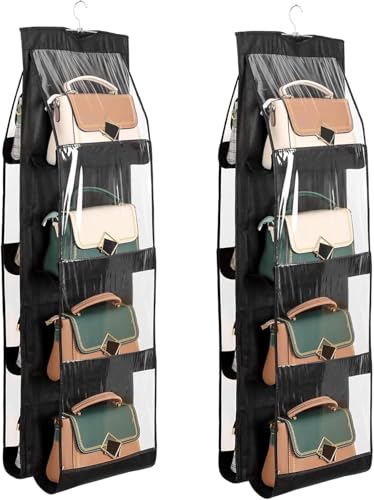 Handbag Purse Organizer, 2 Pcs 8 Pockets Dust Proof Purse Organizer Closet, Wardrobe Closet Organizer, Washable Handbag Organizer for Women Handbags Purse (Black, 110 * 35CM)