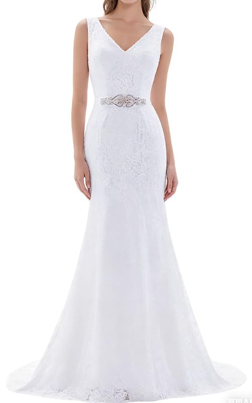 Image of Likedpage Women's Lace Mermaid Wedding Dress, V-Neck Sleeveless Bridal Gown with Beaded Belt