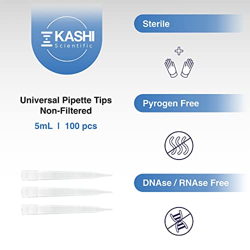 5Ml Pipette Tips, Kashi Scientific Universal Non-Filter Pipette Tips 5 Ml, Sterile Pipette Tips With Clear Graduation, 5,000Ul Pipet Tips, Low Binding, Dnase Rnase Free, Bag Of 100 Tips #TOP1