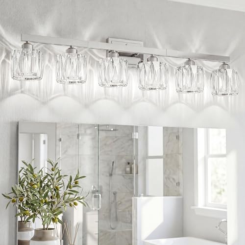 Image of VOLISUN Crystal Vanity Lights for Bathroom, 6 Light Bathroom Vanity Light, Modern Stainless Steel Bathrooms Lights Over Mirror, Chrome Bathrooms Lights Fixtures-UL Certificated(Exclude Bulb)