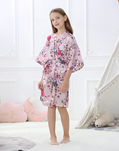 Kids Girls Robes Silky Satin Knee-length Robe Set Birthday Spa Bridal Party Flower Pattern Sleepwear4