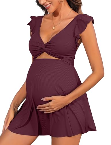 Charmo Ribbed Maternity Bathing Suit V Neck Push up One Piece Pregnancy Swimsuit Ruffle Swimdress...