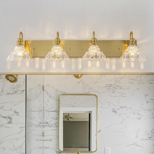 Image of EDISLIVE Vintage Vanity Light for Bathroom Gold 4-Light Bath Wall Light Fixture with Clear Flower Glass Shades 36.22 inch E12 Antique Wall Sconce for Bedroom Hallway Living Room Vanity Mirror