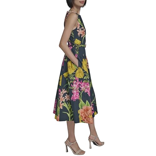 Image of Karl Lagerfeld Women's Sleeveless Boat Neck Drop Waist Belted Midi Dress