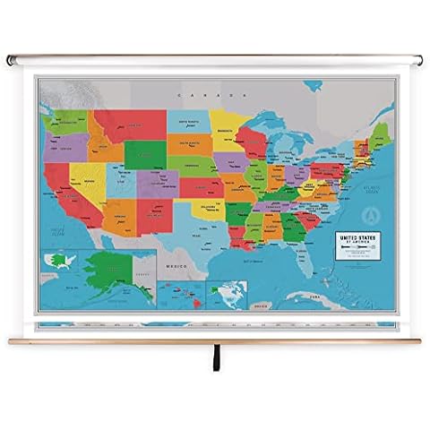 US & World Classroom Pulldown Map, South of Kings Scholar Maps, 2-Map Set, Installed on a Spring Roller with Backboard, 64” x 49”, Hanging Hardware Included, Made in the U.S.A. Cover