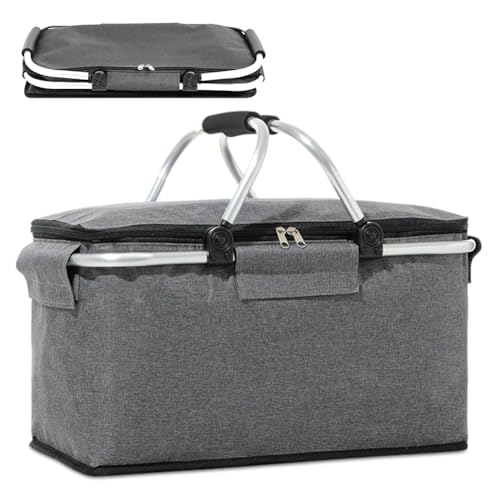 Einkaufskorb Faltbar Einkaufskörbe 18 L Korb Einkaufen mit Kühltasche Klein Isolierkorb mit Zwei Griffen, Picknickkorb mit Deckel für Reisen/Picknick/Einkaufen/Geschenk, Hellgrau