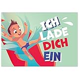 8 Einladungskarten Kindergeburtstag mit Umschlägen, Wasserrutsche Schwimmbad Schwimmen, Karte Geburtstag Einladung zum Ausfüllen