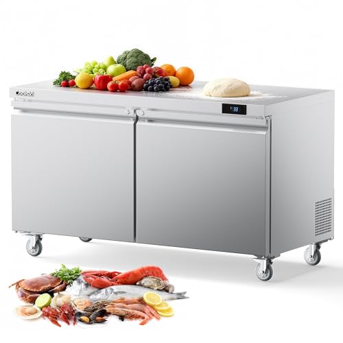 Coolski 60&rdquo;W Commercial Undercounter Refrigerator, 17.2 Cu.ft. Freestanding Stainless Steel, Double Door Under Counter Industrial Worktop Fridge for Restaurant, Bar, Shop, Kitchen Use