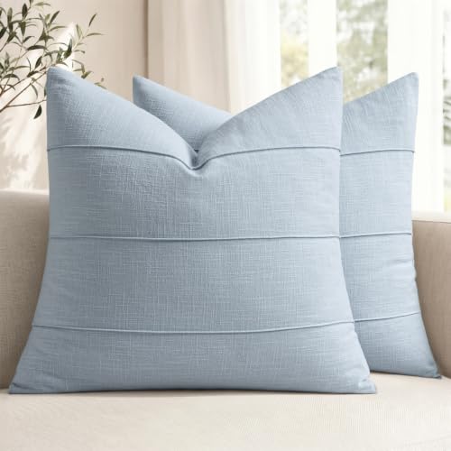 MIULEE Decorative Linen Throw Pillow Covers 18x18 Light Blue Striped