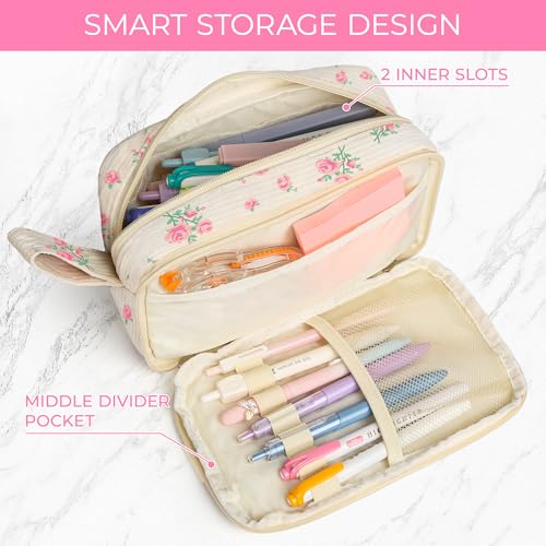 Image of WOBAGMEN Cute Pencil Case,Large Corduroy Zippered Pencil Case Pouch, aesthetic Pencil Bag with Compartments, Pencil Pouch School Supplies (HY-corduroy pc-pink floral)