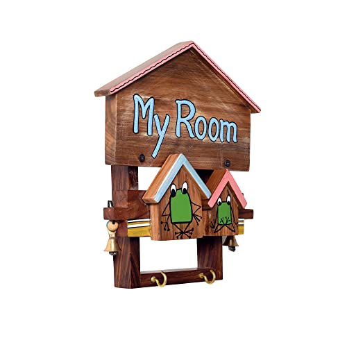 Image of AAKRITI ART CREATIONS Key Holder, My Room Key Hanger for Kids Room | Rustic Teak Wood Wall Organizer with 2 Hooks | New Home Gifts | Multifunctional Entryway Decor Item