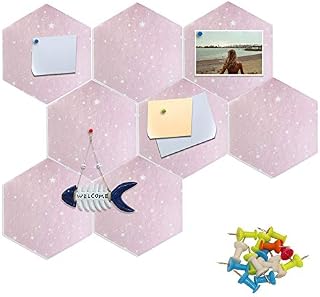 Fovasen 8 Pcs Thick Hexagon Felt Board Tiles Self-Adhesive Pin Board Felt Bulletin Board Tiles Bulletin Memo Board with Multi-Color Push Pins for Home Office Classroom Wall School Decor,Pink