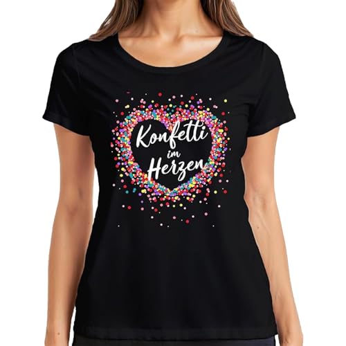 Konfetti im Herzen T-Shirt Damen Konfetti im Herzen bunt Herz Geburtstag Karneval Fasching Fastnacht Damen T-Shirt Rundhalsausschnitt Shirts
