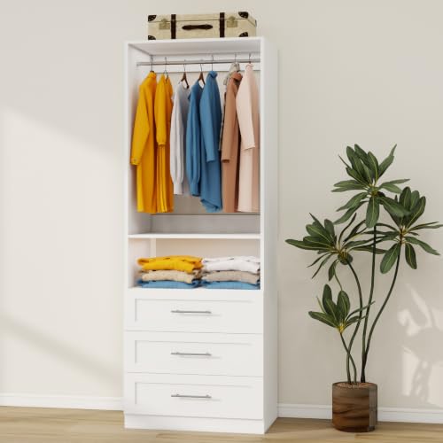 Image of 2-5FT Walk in Closet System with 3 Drawers, 81 inch Tall Closet Organizer System Tower with Hanging Rod, Wooden Closet Storage Cabinet, White