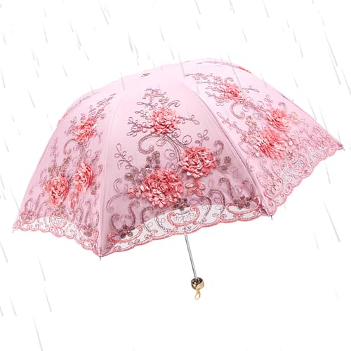 Ombrello Parasole In Pizzo – Parapioggia Retrò, Design Pieghevole Portatile | Struttura In Ferro Manuale, Apertura 88cm, Apertura 66cm, Altezza Da Chiuso 26cm, Tettoia In Tessuto Viola Grigio Rosa,