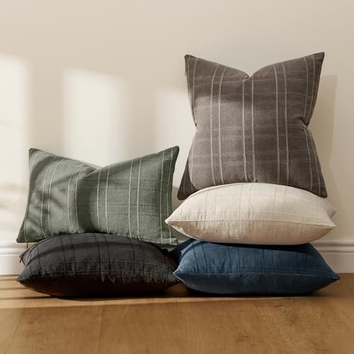 Image of MIULEE Decorative Linen Check Throw Pillow Covers Neutral Farmhouse Vintage Pillow Covers 20x20 Set of 2 Boho Modern Winter Home Decor for Sofa Couch Bedroom Cushion Brown
