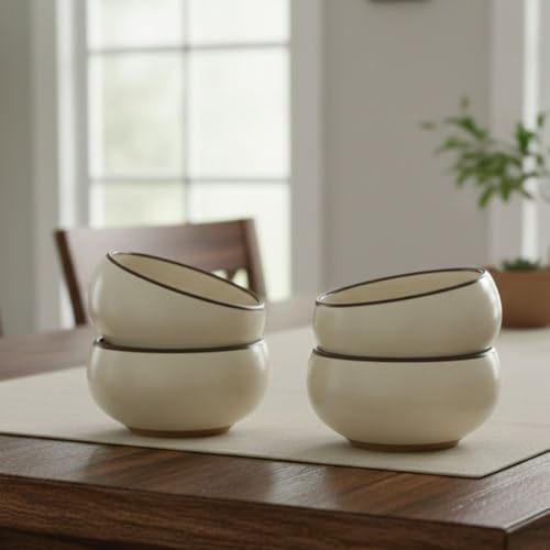 Image of Freakway Ceramic Bowls Set of 4, 150 ML, Cream with Brown Rim