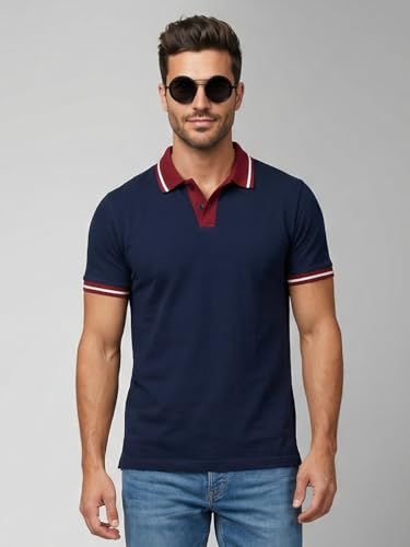 Image of Veirdo Men's Polo T-Shirt Regular Fit with Contrast Pattern & Striped Trim on Collar and Half Sleeves, Stylish Solid Casual, Weekend & Outdoor Wear (Sizes S to 2XL)