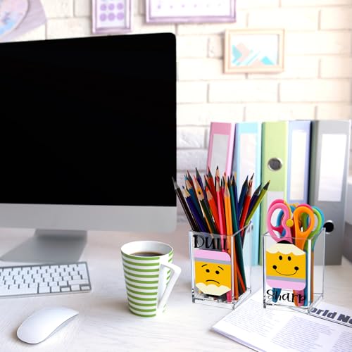 Threehoney 2 Pack Clear Acrylic Pencil Pen Holder Cup Sharp and Dull Pencil Holder with 2 Stickers Acrylic Makeup Brush Organizer Desk Accessories