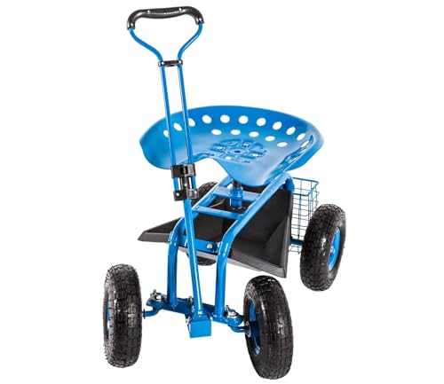 Peach Tree Garden Cart Rolling Work Seat Outdoor Utility Lawn Yard Patio Wagon Scooter for Planting, Adjustable Handle 360 Degree Swivel Seat Blue