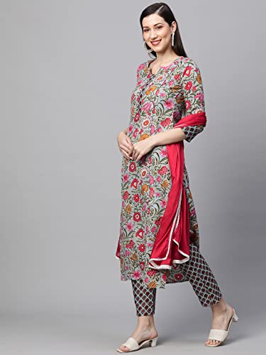 Image of ANNI DESIGNER Women's Pure Cotton Printed Straight Kurta, Pant & Dupatta (Sunu)