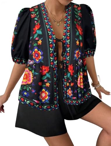 Conjunto de chaqueta de punto de manga corta con estampado floral para mujer con lazo y pantalones cortos con cordón para las vacaciones, 53, L