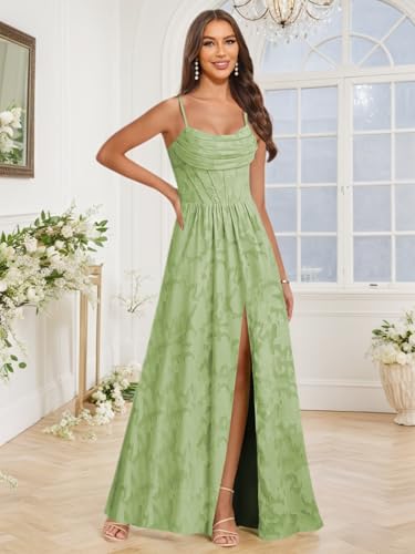 Jacquard Chiffon Bridesmaid Dresses with Slit Spaghetti Straps Ruched Cowl Long Aline Wedding Guest Dress4