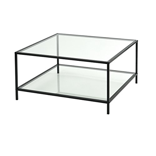 39F FURNITURE DREAM Mesa de Centro Cuadrada de Cristal Templado con 2 estantes escandinavos, Vaso, Negro/Transparente, 80x80x42cm