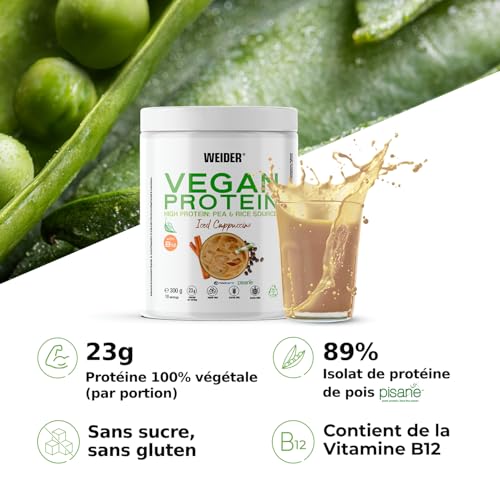Weider Vegan Protein (300g) Goût Cappuccino. Protéines 100% Vegetal 23g/dose, Pois (Isolat Pisane) & Riz. Avec Vitamine B12 & Stevia. Sans Gluten, Sans Sucre. Emballage 50% Recyclé, 100% Recyclable – Image 3