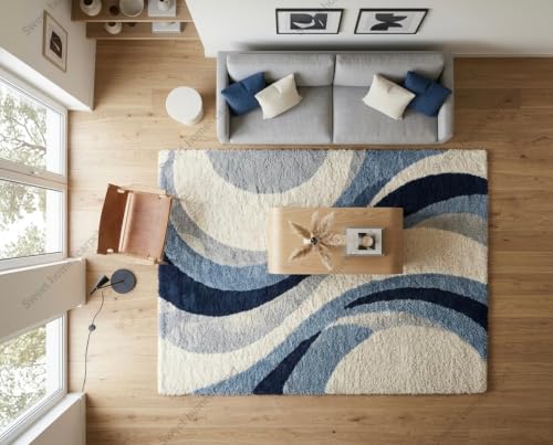 Image of SWEET HOMES Luxury Abstract Shag Rug, Thick Soft Square Area Carpet for Living Room, Bedroom, 11 x 11 Feet (335 x 335 cm), Slate Navy
