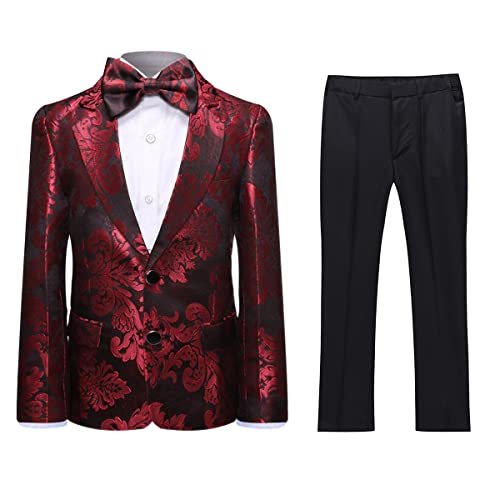SWOTGdoby Boys Red Tuxedo Floral 2 Pieces Suit Set Jacquard Dresswear Blazer Trousers for Wedding Party