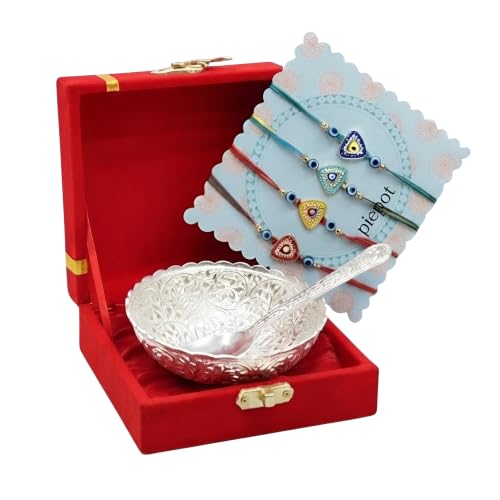 Image of Rakhi Gift Set for Brother | German Silver Bowl & Spoon | 4 Premium Raksha Bandhan Gift Hamper | Velvet Gift Box | Festive Return Gift