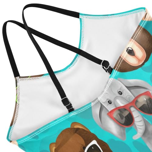 Cute Animals Heads Blue Girls One Piece Swimsuit, Beach Apparel 3-10 Y with Adjustable Shoulder Strap, 3-10 Y4