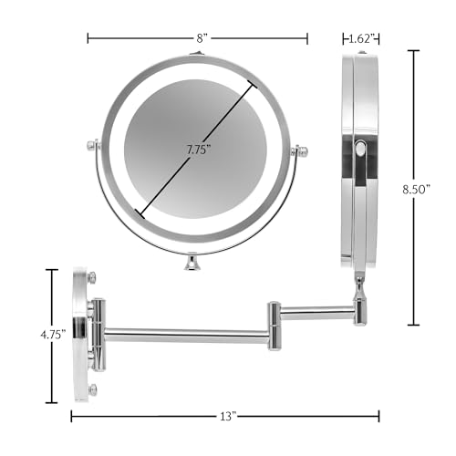 Image of OVENTE 7 inch Wall Mounted Lighted Makeup Mirror, Polished Chrome MFW70CH1X7X | Cordless Double Sided 1X /7X Magnifying Mirror for Bathroom with LED Lights, 360 Rotation, Extendable Arm, Battery Operated