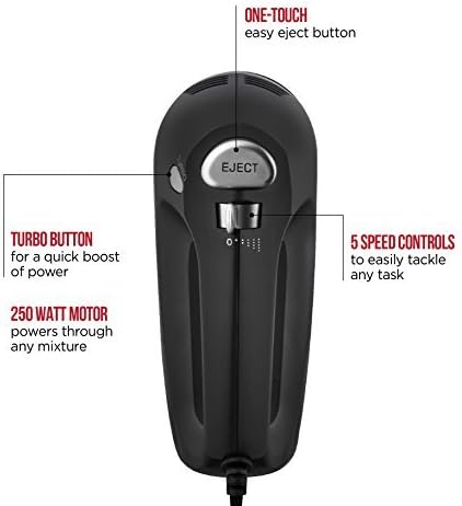 Chefman Turbo Power Hand Mixer with One-Touch Easy Eject Button, Chrome Plated Beaters and FREE Bonus Dough Hooks Included - RJ17-V2-Black