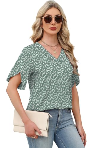 Image of WIHOLL Womens Summer Tops Short Petal Sleeve Shirts Fashion V Neck Womens Clothing