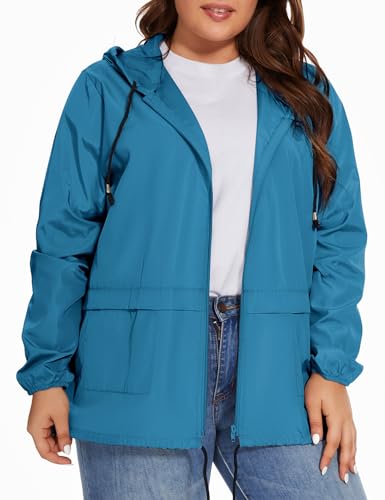 Women Plus Size Raincoat Lightweight Waterproof Windbreaker Packable Outdoor Hooded Rain Jacket