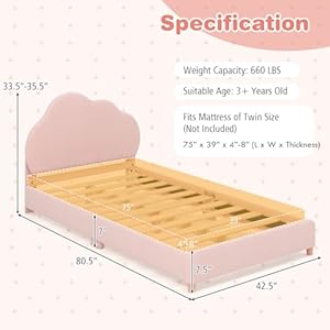 Costzon Twin Bed Frames for Kids, Upholstered Wooden Kids Bed w/Adjustable Headboard, Slats Support, 660 LBS Weight Cap, No Box Spring Needed, Easy Assembly, Twin Platform Bed Frame (Pink Cloud) Costzon Twin Bed Frames for Kids Upholstered Wooden Kids Bed wAdjustable Headboard Slats Support 660 LBS Weight Cap No Box Spring Needed Easy Assembly Twin Platform Bed Frame Pink Cloud