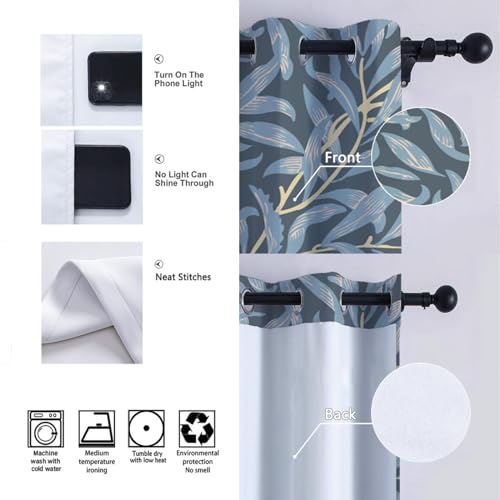 William Morris Botanical Blackout Curtains Retro Dark Blue Leaf Design Heat Reducing Window Treatments 2 Panels 66" W x 72" L Ideal for Home Decor & Room Separation - Image 6