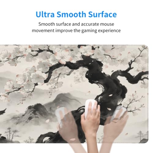 Image of Black Grey Japanese Mouse Pad 31.5x11.8 XL Watercolor Painting Cherry Blossoms Extended Large Mousepad Keyboard Mouse Mat Desk Pad with Non-Slip Rubber Base Stitched Edges for Home Office Game