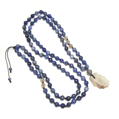 Mala en sodalite et agate avec argent 925 : sautoir artisanal en pierres naturelles