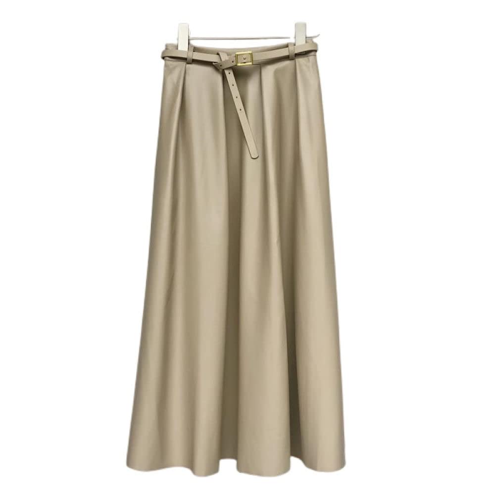 OZEO Röcke,Damen Midirock Beige Hohe Taille Plissee Pu-Leder Rock Taschen Gürtel A-Linie Schaukel Geraffte Mode Lange Röcke Für Mädchen Damen Herbst Winter,S