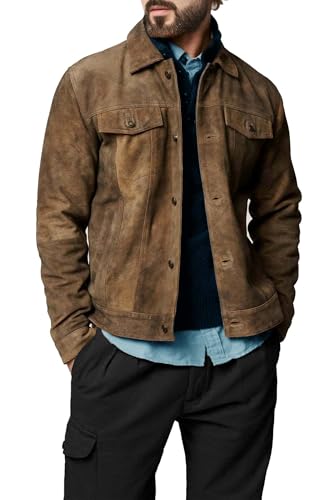 Cheemaz Suede Jacket for Men - Premium Suede Leather Bomber Jacket | Trucker Coat for Mens (as1, alpha, Large, regular, regular, Khaki) - Thumbnail 3