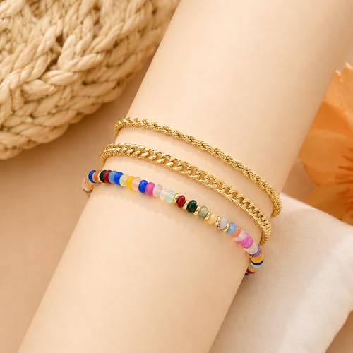 Image of iF YOU Gold Ankle Bracelets for Women, 14k Gold Plated Waterproof Cuban Link Chain Anklets Set, Layered Anklet Bracelets for Women Beach Gift Adjustable Size 5pcs