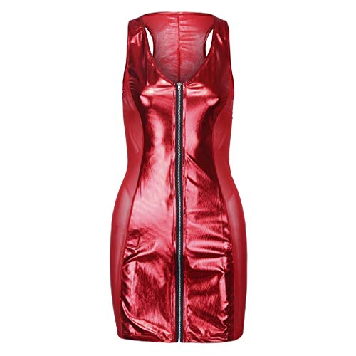 HULKY Disfraces Mujer Sexy Vestido de Cuero Vestido Cortos Vestido Rojo Mini Cremallera Escote Delantero Estiramiento Sin Mangas Club Desgaste Monos Clubwear Lingerie Sexy Mujer(Rojo,XL) Cover