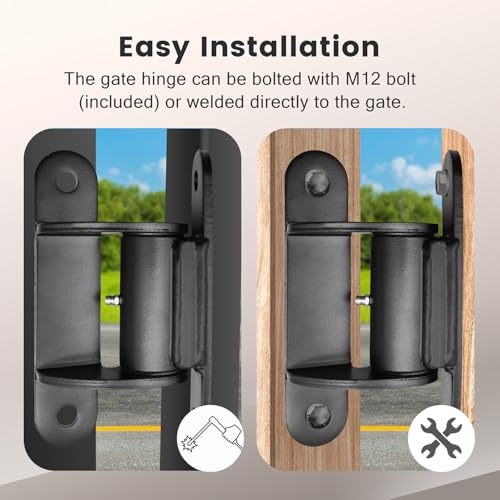 Image of Heavy Duty Gate Hinges with Sealed Bearings and 8 Screws, Adjustable Yoke Pivot, Suitable for Large Driveway Gates Up to 1100 Pounds, Two Pack, Carbon Black (Curved Flat Hinge)