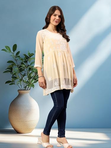 Image of Seva Chikan Hand Embroidered Lucknowi Chikankari Angarkha Georgette Top with Slip for Women SCL4041