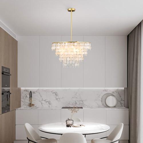 PUUPA Natural Capiz Shell Chandelier, Coastal Modern Chandelier, Hanging Round Layered Pendant Lighting(4 Light, Gold) - Image 7