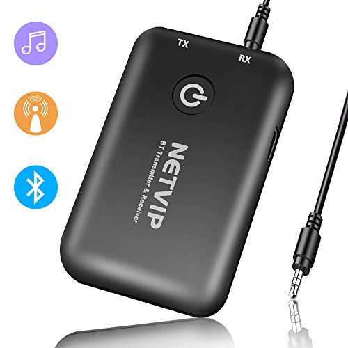 NETVIP Transmisor Bluetooth Adaptador 2 en 1 Bluetooth Transmisor Receptor para TV, PC, MP3, Adaptador Bluetooth de Coche, Altavoz, con Jack 3,5 mm Receptor Audio Música,aptX Baja Latencia